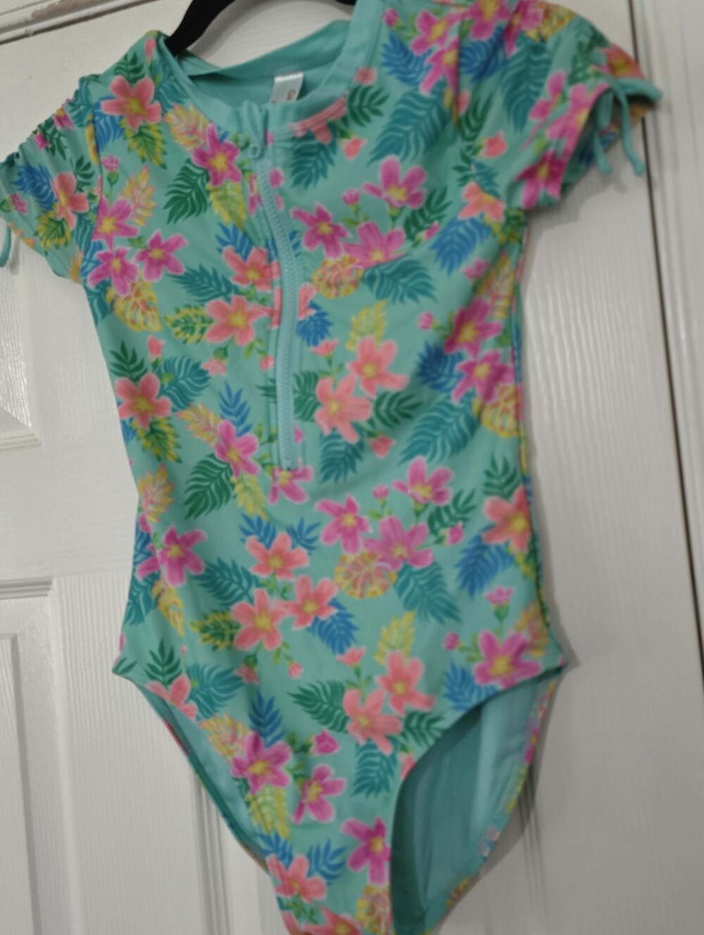 Girls' Mint Floral One-Piece Swimsuit with Front Zip